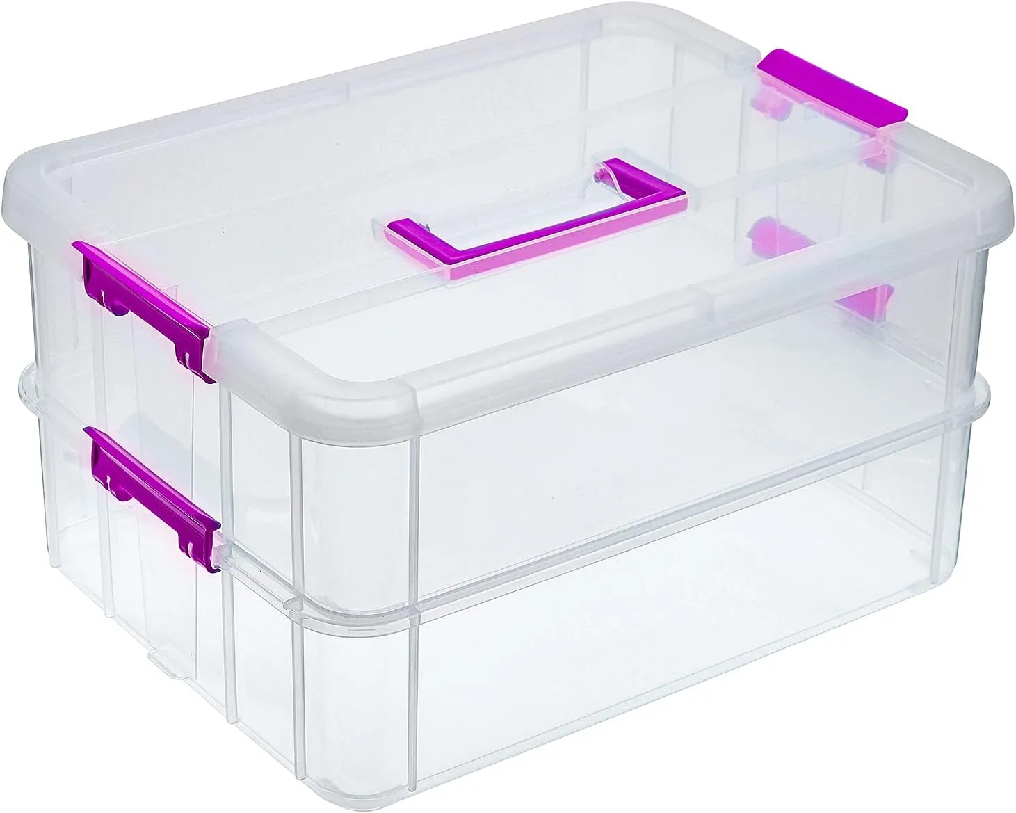 BTSKY 2 Layer Stack & Carry Box, Plastic Multipurpose Portable Storage Container Box Handled Organizer Storage Box for Organizing Stationery, Sewing, Art Craft, Jewelry and Beauty Supplies(Purple)