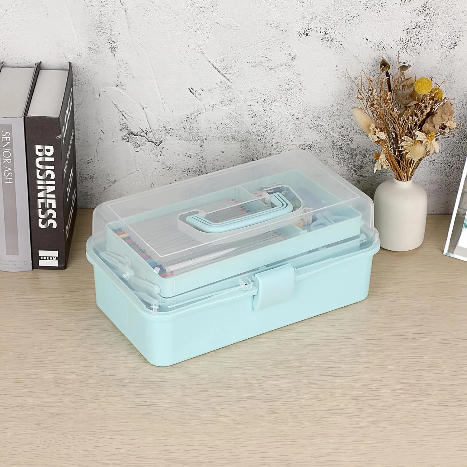 BTSKY 3-Layer Plastic Dividing Storage Box Craft Organizer and Storage with Adjustable Spacers Portable Handled Art Supply Organizer Multipurpose Home Utility Box for Medicine Box Sewing Box Organizer (Blue)