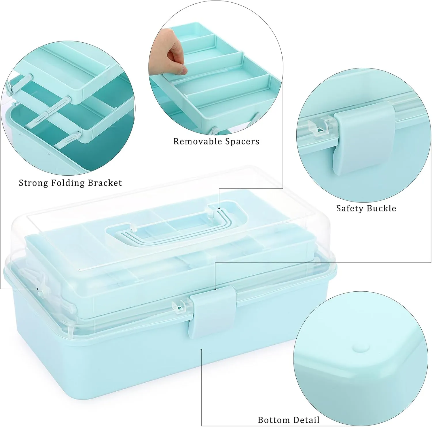 BTSKY 3-Layer Plastic Dividing Storage Box Craft Organizer and Storage with Adjustable Spacers Portable Handled Art Supply Organizer Multipurpose Home Utility Box for Medicine Box Sewing Box Organizer (Blue)