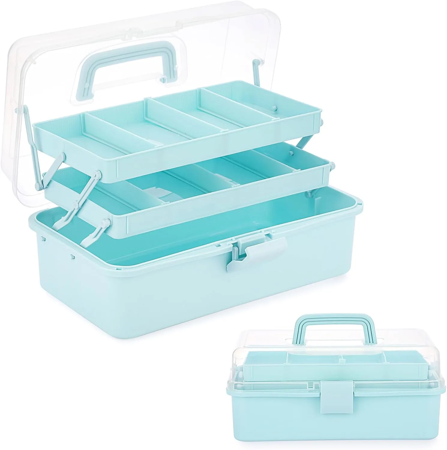 BTSKY 3-Layer Plastic Dividing Storage Box Craft Organizer and Storage with Adjustable Spacers Portable Handled Art Supply Organizer Multipurpose Home Utility Box for Medicine Box Sewing Box Organizer (Blue)