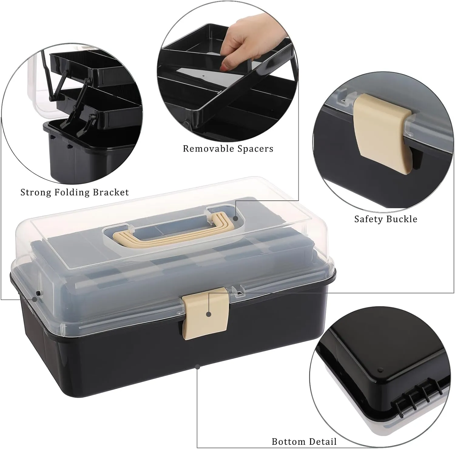 BTSKY 3-Layer Plastic Dividing Storage Box Craft Organizer with Adjustable Spacers Portable Handled Art Supply Organizer Multipurpose Home Utility Box for Sewing (Black Beige)