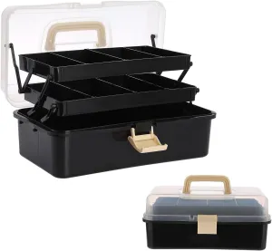BTSKY 3-Layer Plastic Dividing Storage Box Craft Organizer with Adjustable Spacers Portable Handled Art Supply Organizer Multipurpose Home Utility Box for Sewing (Black Beige)