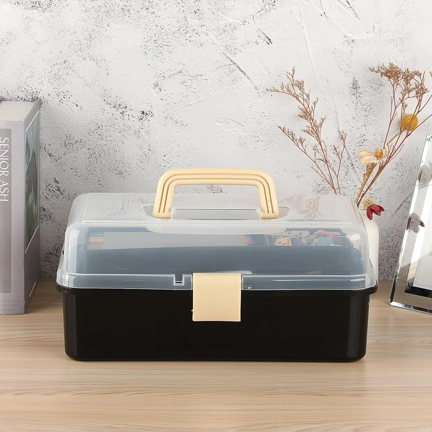 BTSKY 3-Layer Plastic Dividing Storage Box Craft Organizer with Adjustable Spacers Portable Handled Art Supply Organizer Multipurpose Home Utility Box for Sewing (Black Beige)