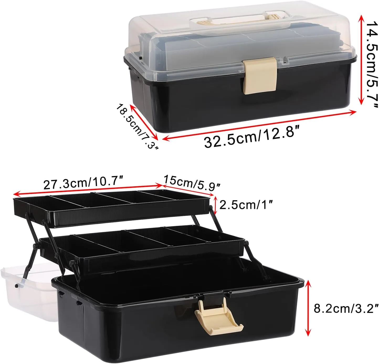 BTSKY 3-Layer Plastic Dividing Storage Box Craft Organizer with Adjustable Spacers Portable Handled Art Supply Organizer Multipurpose Home Utility Box for Sewing (Black Beige)