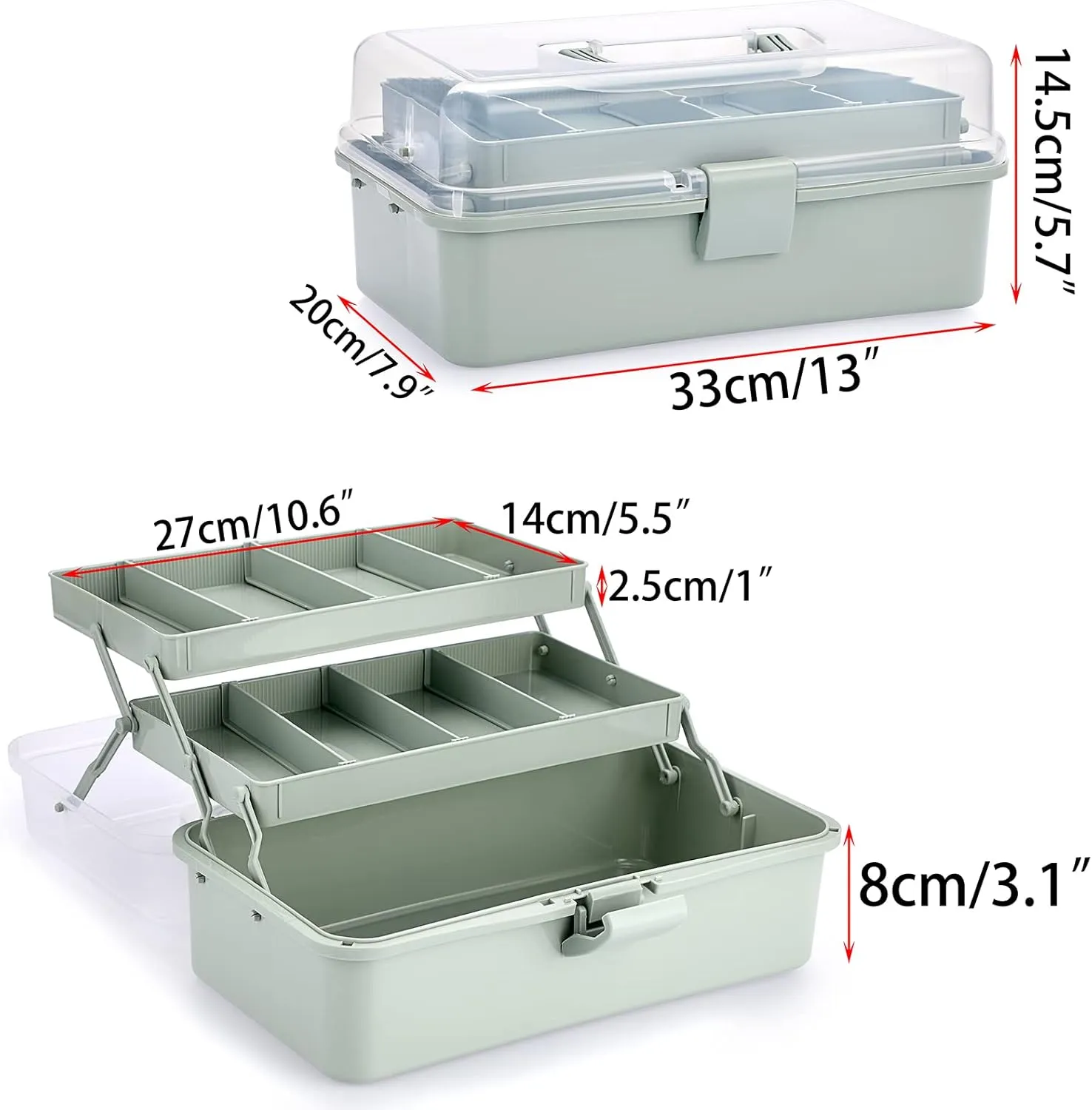 BTSKY 3-Layer Plastic Dividing Storage Craft Organizer with Adjustable Spacers and Portable Handled Multipurpose Home Utility Box for Medicine, Sewing and Art Supply