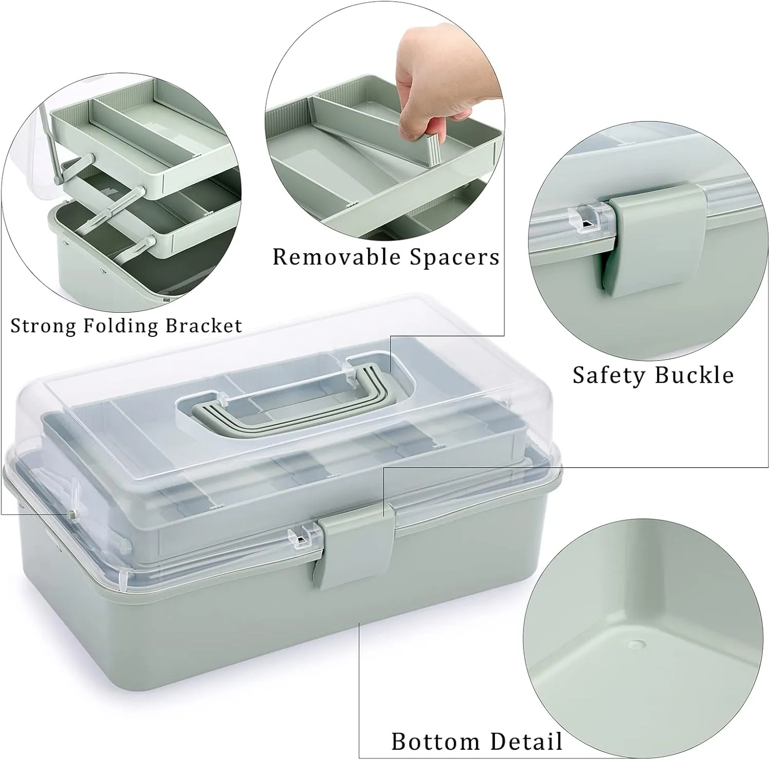 BTSKY 3-Layer Plastic Dividing Storage Craft Organizer with Adjustable Spacers and Portable Handled Multipurpose Home Utility Box for Medicine, Sewing and Art Supply