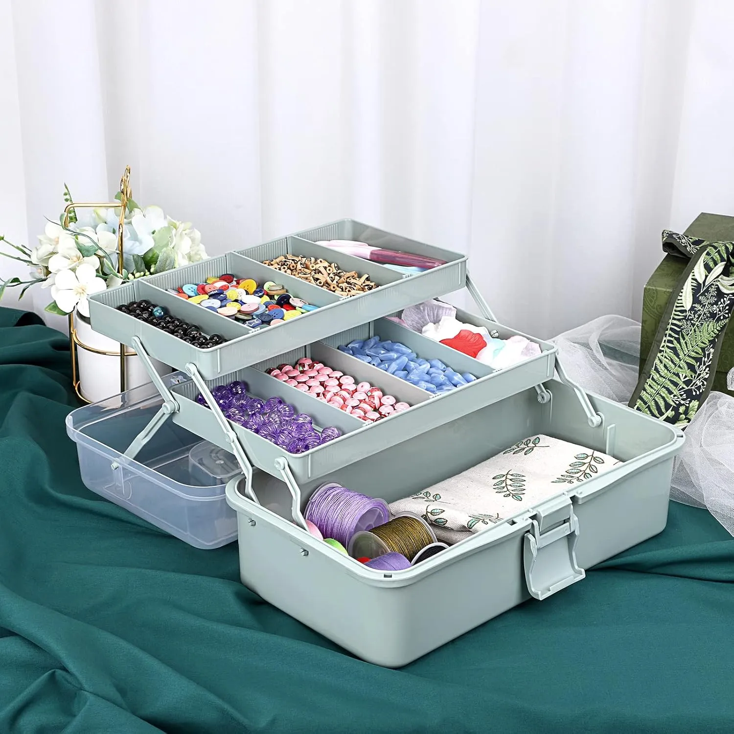 BTSKY 3-Layer Plastic Dividing Storage Craft Organizer with Adjustable Spacers and Portable Handled Multipurpose Home Utility Box for Medicine, Sewing and Art Supply