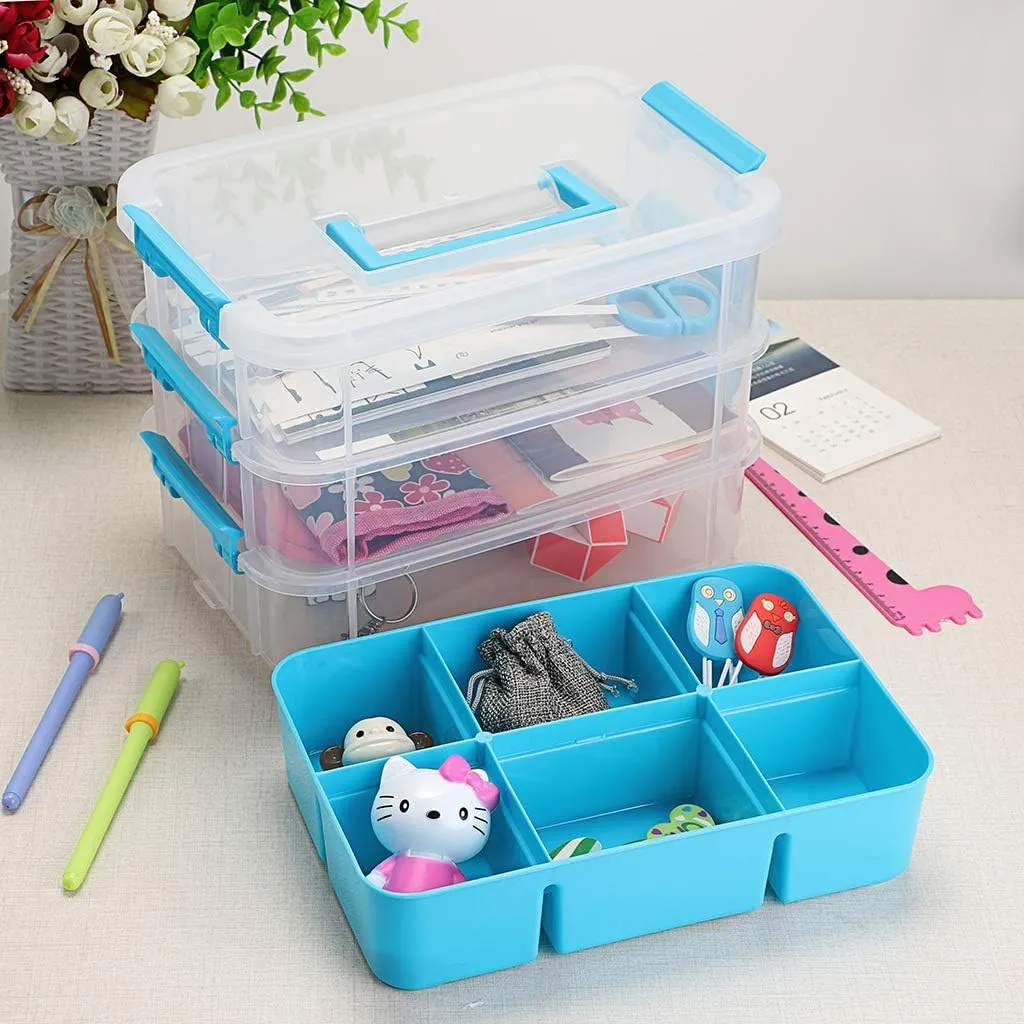 BTSKY 3 Layer Stack & Carry Box, Plastic Multipurpose Portable Storage Container Box Handled Organizer Storage Box with Removable Tray for Organizing Sewing, Art Craft, Supplies Blue