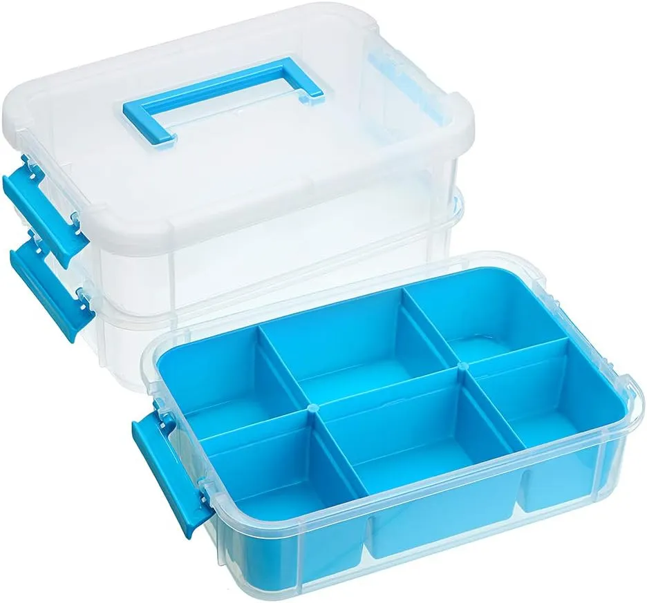 BTSKY 3 Layer Stack & Carry Box, Plastic Multipurpose Portable Storage Container Box Handled Organizer Storage Box with Removable Tray for Organizing Sewing, Art Craft, Supplies Blue