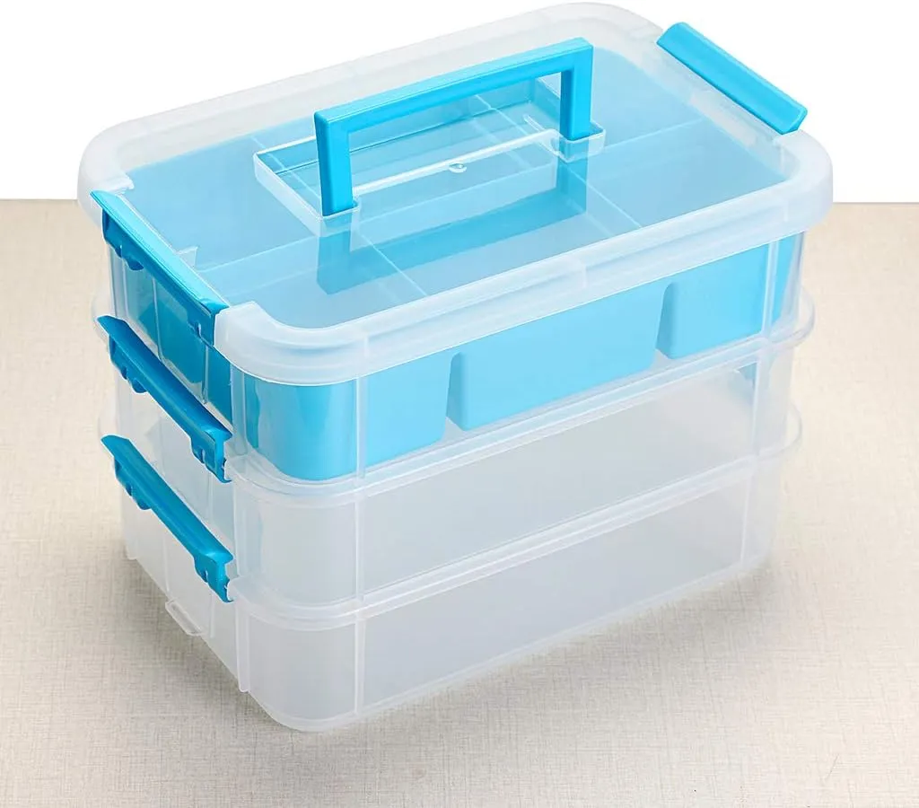 BTSKY 3 Layer Stack & Carry Box, Plastic Multipurpose Portable Storage Container Box Handled Organizer Storage Box with Removable Tray for Organizing Sewing, Art Craft, Supplies Blue