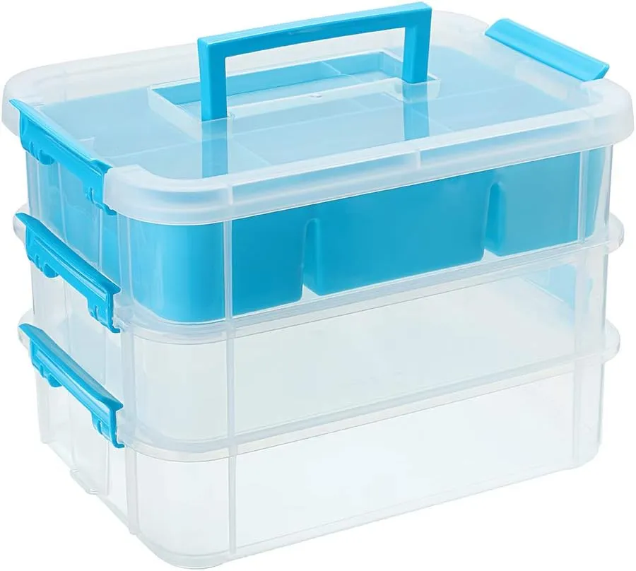 BTSKY 3 Layer Stack & Carry Box, Plastic Multipurpose Portable Storage Container Box Handled Organizer Storage Box with Removable Tray for Organizing Sewing, Art Craft, Supplies Blue