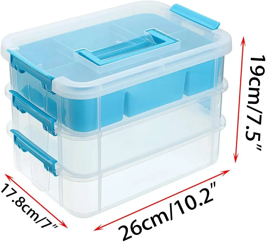 BTSKY 3 Layer Stack & Carry Box, Plastic Multipurpose Portable Storage Container Box Handled Organizer Storage Box with Removable Tray for Organizing Sewing, Art Craft, Supplies Blue