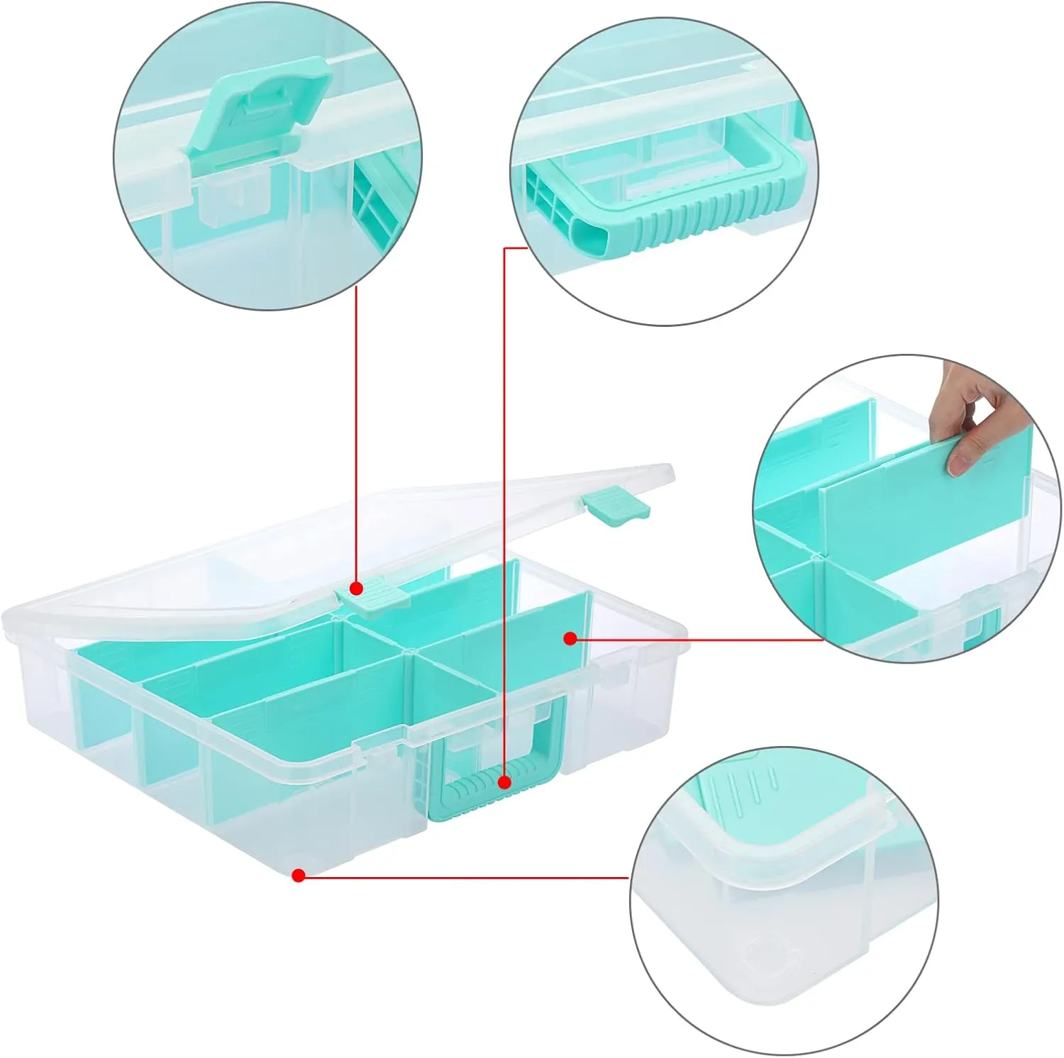 BTSKY Clear Plastic Dividing Storage Box with 8 Compartments Adjustable Storage Bin with Lid Portable Craft Storage Container Multipurpose Sewing Box Art Supply Organizer, 15.1x13.9x3.5 Inches