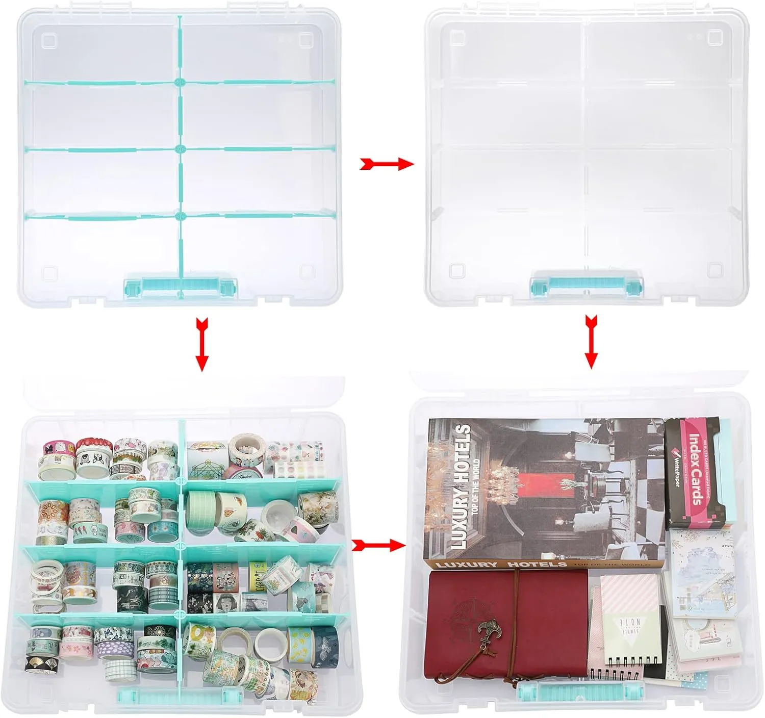 BTSKY Clear Plastic Dividing Storage Box with 8 Compartments Adjustable Storage Bin with Lid Portable Craft Storage Container Multipurpose Sewing Box Art Supply Organizer, 15.1x13.9x3.5 Inches