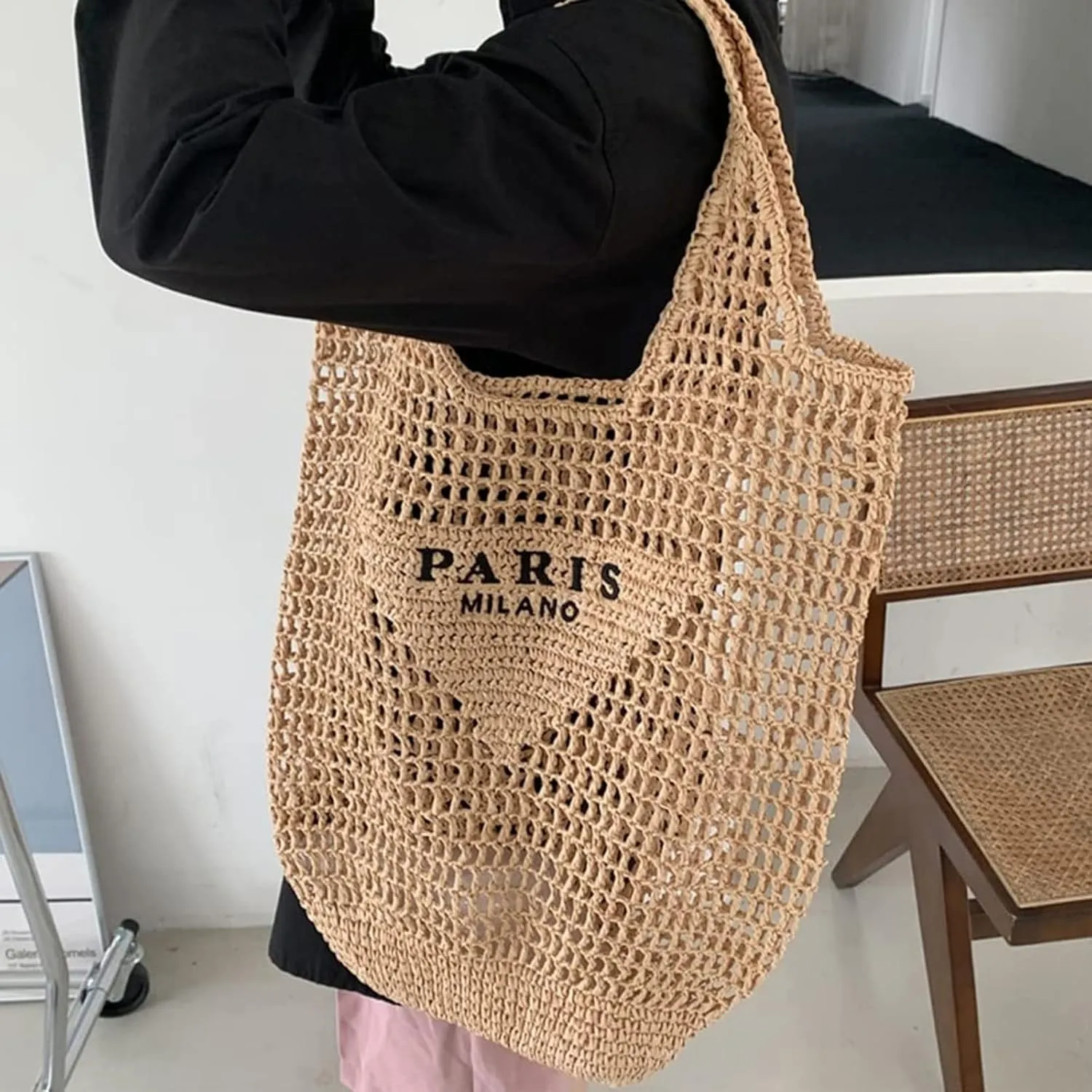 bufftieo Straw Woven Tote for Women - Mesh Hollow Beach Hobo Shoulder Travel Bag