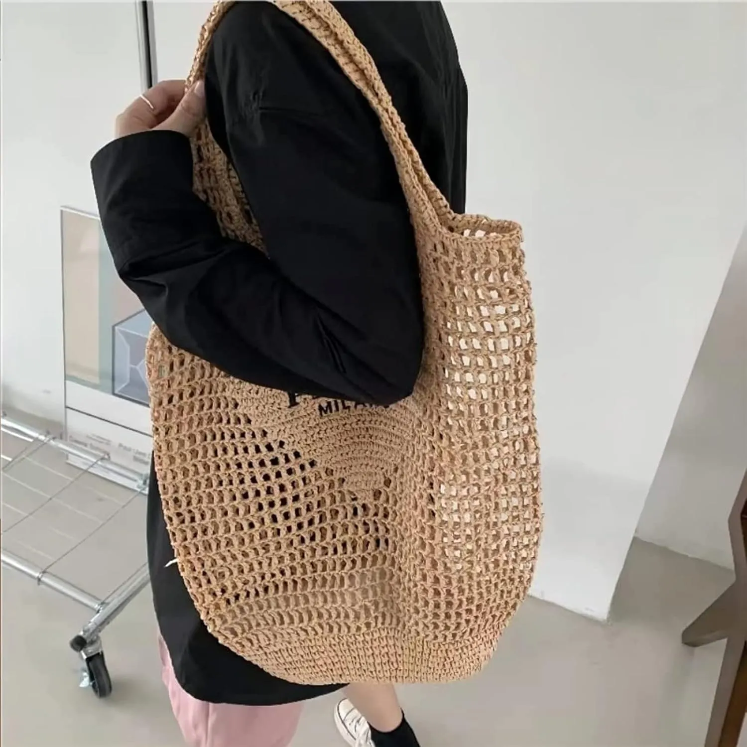 bufftieo Straw Woven Tote for Women - Mesh Hollow Beach Hobo Shoulder Travel Bag