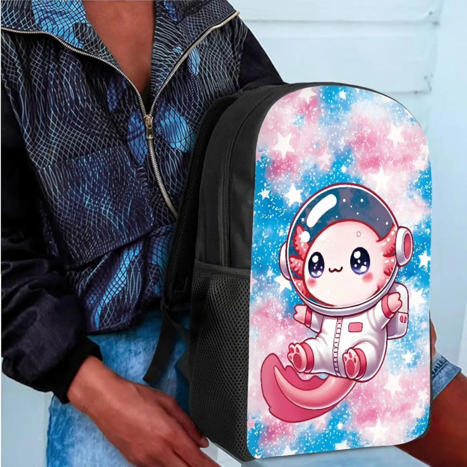 Bulopur Cute Axolotl Backpack with Lunchbox for Girls 3 Pcs Astronaut School Bag 17 Inch Insulated Lunch Bag Zipped Pencil Case Set School Supplies