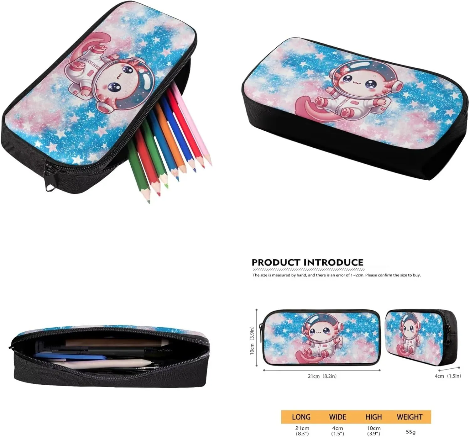 Bulopur Cute Axolotl Backpack with Lunchbox for Girls 3 Pcs Astronaut School Bag 17 Inch Insulated Lunch Bag Zipped Pencil Case Set School Supplies