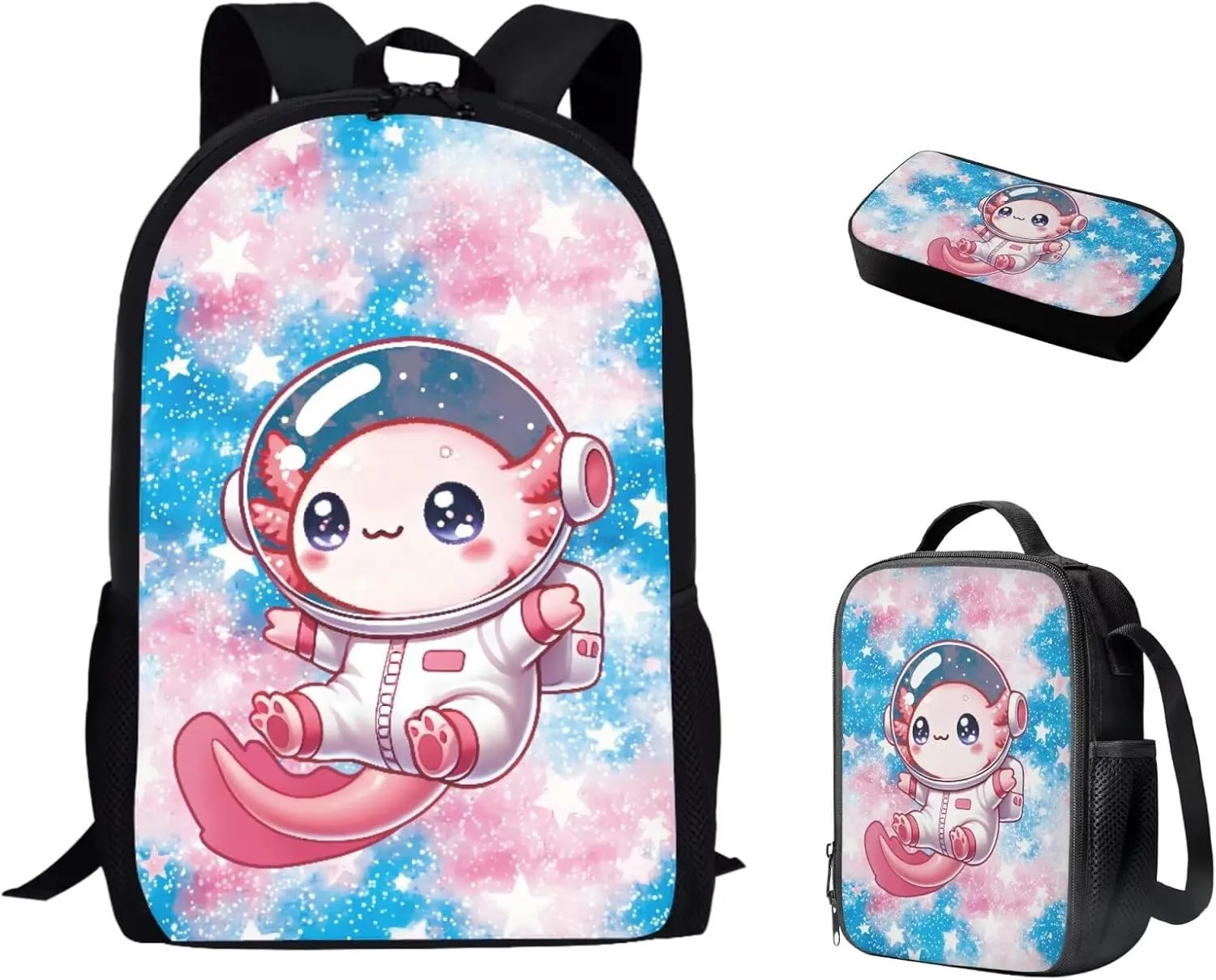 Bulopur Cute Axolotl Backpack with Lunchbox for Girls 3 Pcs Astronaut School Bag 17 Inch Insulated Lunch Bag Zipped Pencil Case Set School Supplies