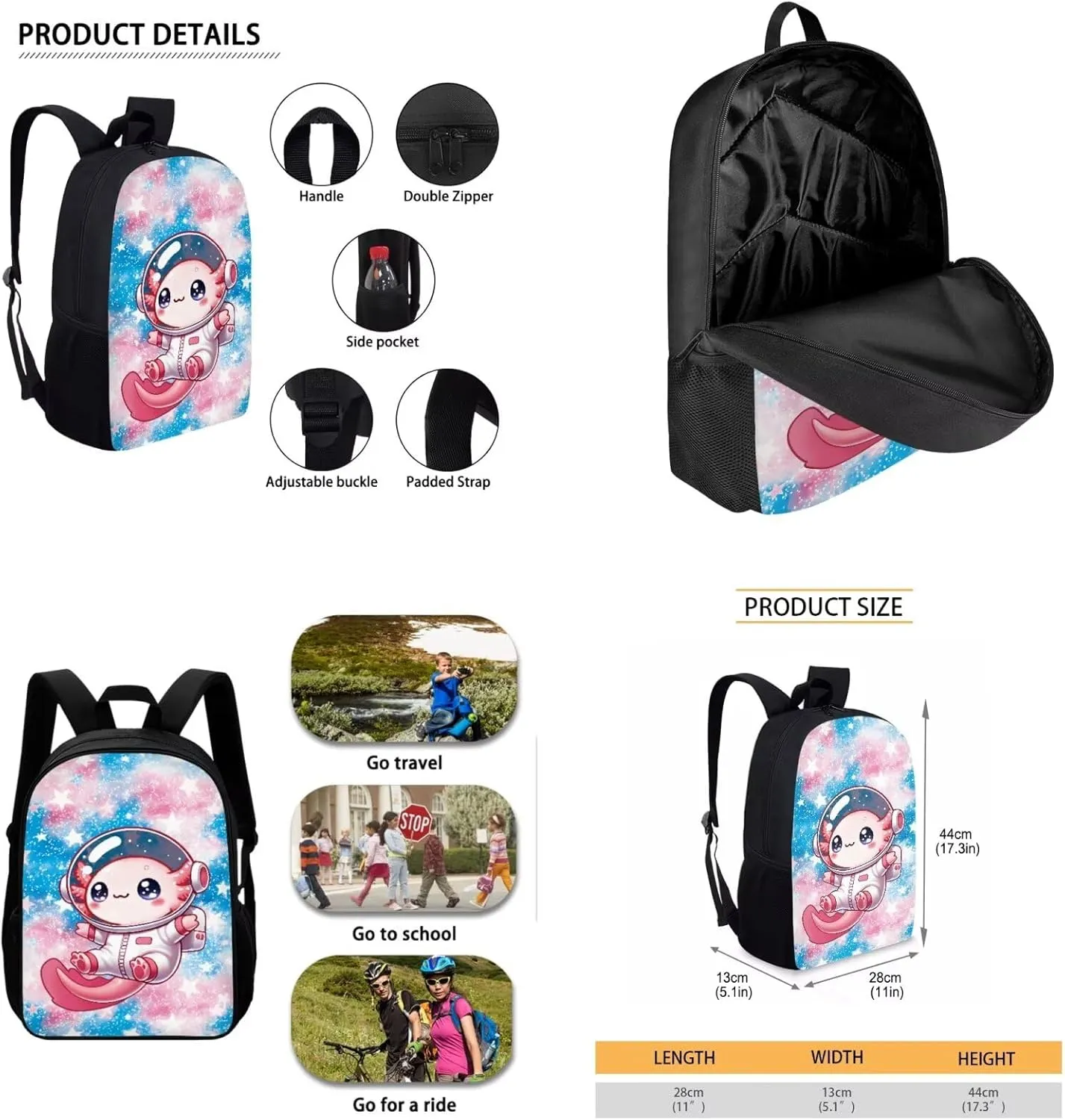 Bulopur Cute Axolotl Backpack with Lunchbox for Girls 3 Pcs Astronaut School Bag 17 Inch Insulated Lunch Bag Zipped Pencil Case Set School Supplies