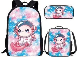 Bulopur Cute Axolotl Backpack with Lunchbox for Girls 3 Pcs Astronaut School Bag 17 Inch Insulated Lunch Bag Zipped Pencil Case Set School Supplies