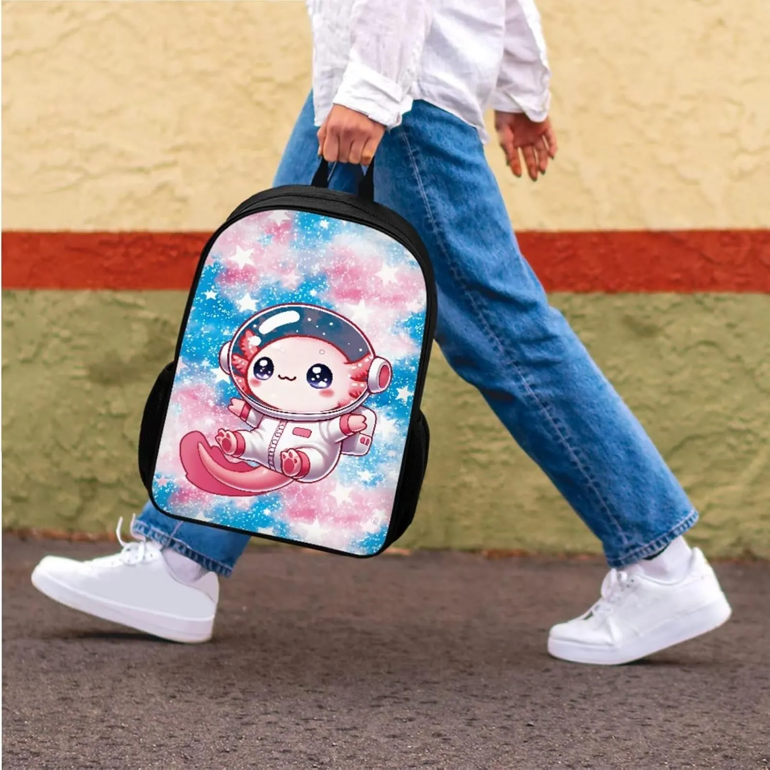 Bulopur Cute Axolotl Backpack with Lunchbox for Girls 3 Pcs Astronaut School Bag 17 Inch Insulated Lunch Bag Zipped Pencil Case Set School Supplies