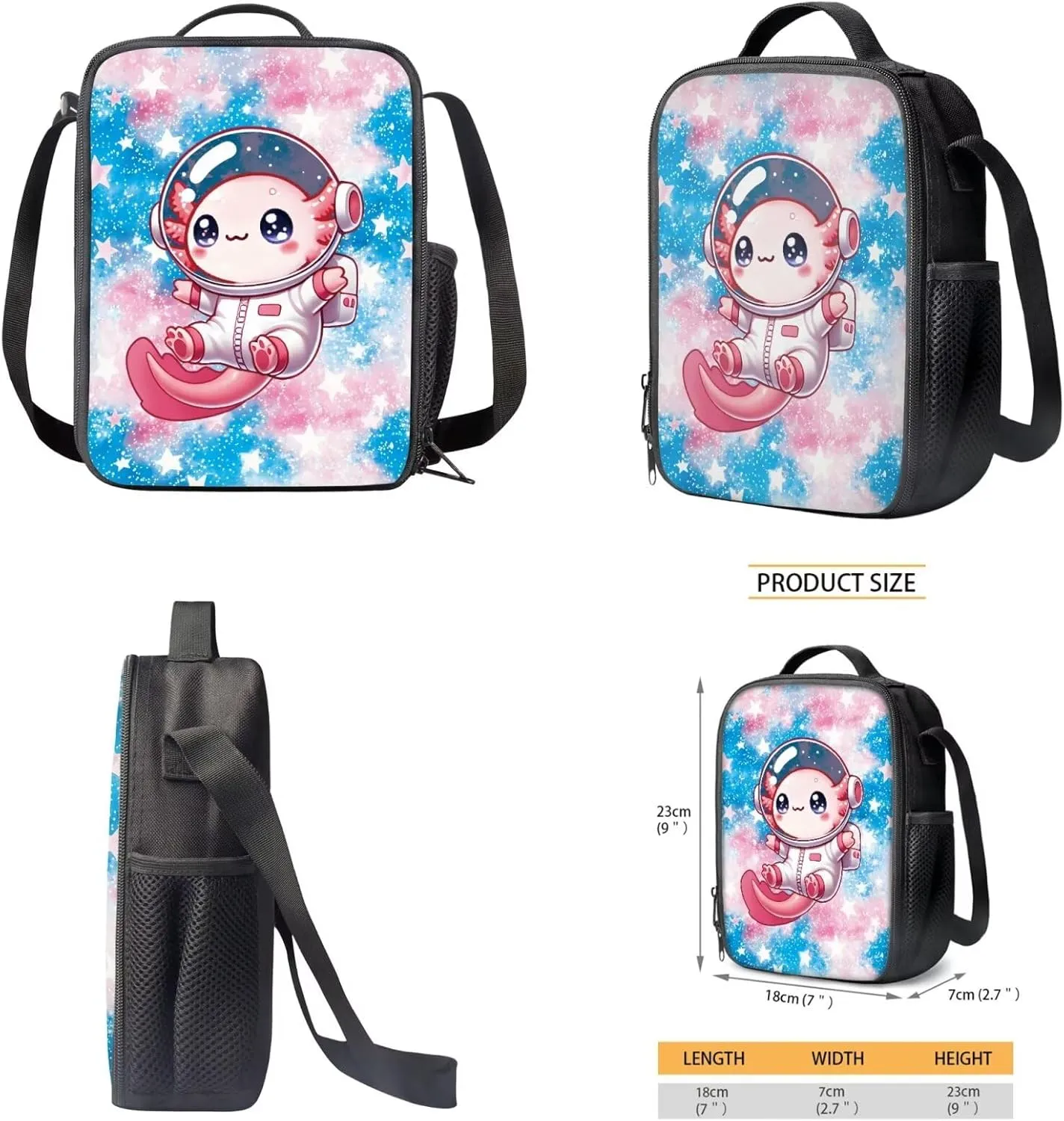 Bulopur Cute Axolotl Backpack with Lunchbox for Girls 3 Pcs Astronaut School Bag 17 Inch Insulated Lunch Bag Zipped Pencil Case Set School Supplies
