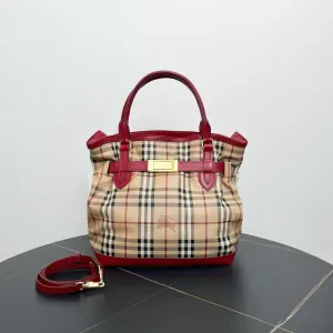 Burberry Two-Way Bag 11867372 in Classic Check Plaid Canvas and Red Leather