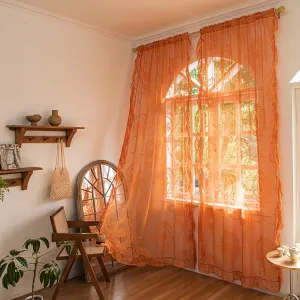 Burnt Orange Lace Curtains for Bedroom Nursery Room 72 Inch Long, Sheer Boho Ruffled Rustic Farmhouse Vintage Florals Embroiderd Rod Pocket Window Treatments Set of 2 Panels, W57 x L72