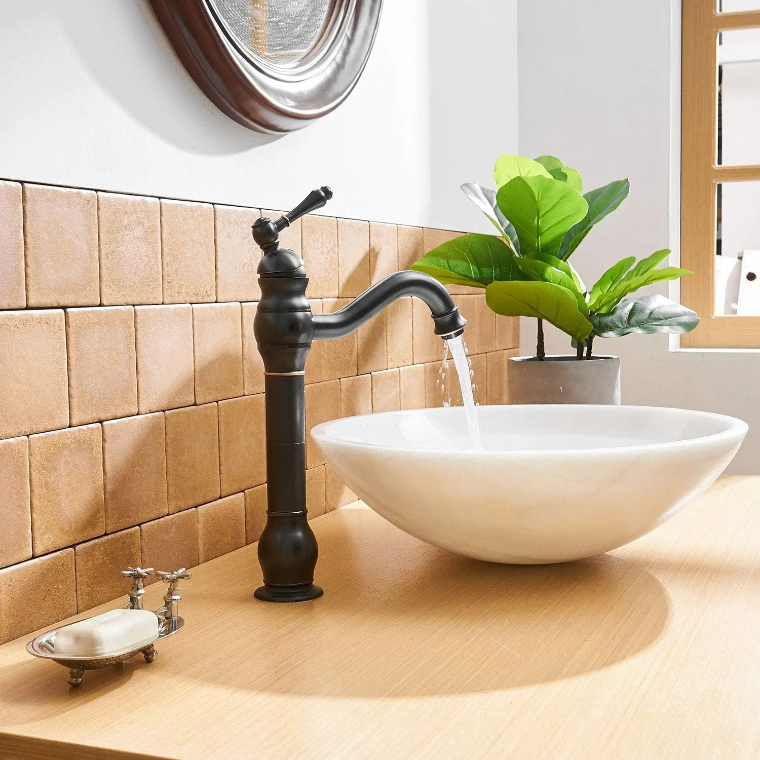 BWE 360° Swivel Bathroom Vessel Sink Faucet Oil Rubbed Bronze Single Handle One Hole Lavatory Mixer Tap with Pop Up Drain Assembly Without Overflow and Supply Line Tap Body