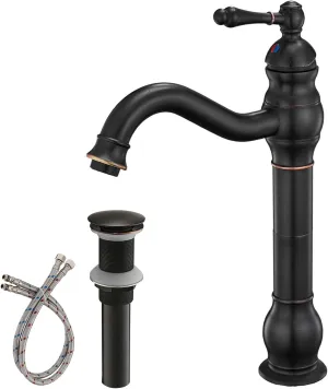 BWE 360° Swivel Bathroom Vessel Sink Faucet Oil Rubbed Bronze Single Handle One Hole Lavatory Mixer Tap with Pop Up Drain Assembly Without Overflow and Supply Line Tap Body