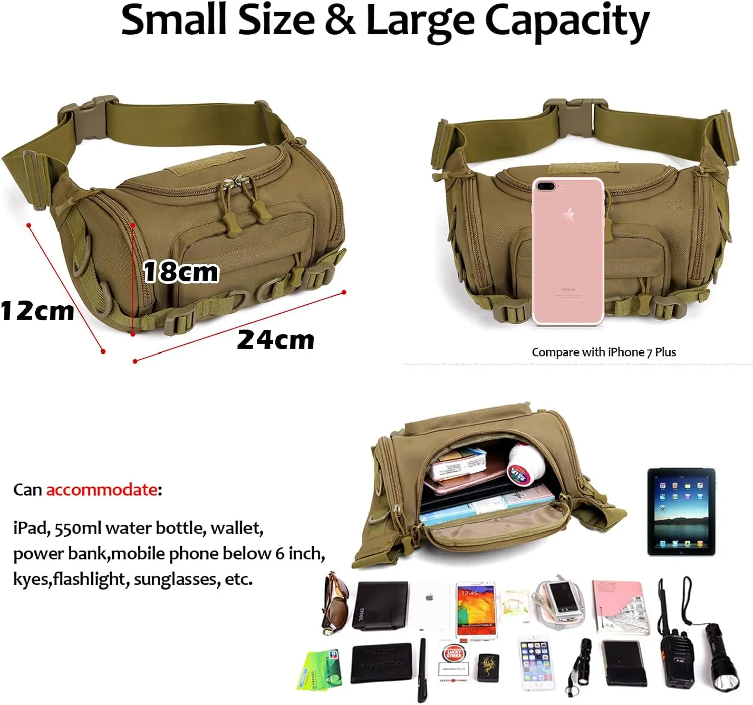 CamGO Tactical Fanny Pack Portable Military Waist Bag Molle Hip Bum Bag for Men Women, Black
