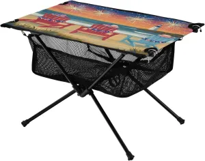 Camping Table Lightweight Portable Folding Table with Mesh Storage Net Flower Fireworks America Ideal for Camping Hiking Beach Picnic Travel Backyard