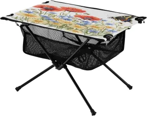 Camping Table Lightweight Portable Folding Table with Mesh Storage Net Poppy Flower Bee Ideal for Camping Hiking Beach Picnic Travel Backyard