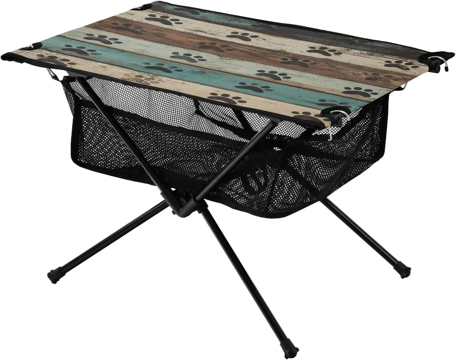 Camping Table Lightweight Portable Folding Table with Mesh Storage Net Wood Grain Dog Paw Prints Ideal for Camping Hiking Beach Picnic Travel Backyard