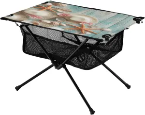 Camping Table Lightweight Portable Folding Table with Mesh Storage Net Wood Grain Starfish Ideal for Camping Hiking Beach Picnic Travel Backyard