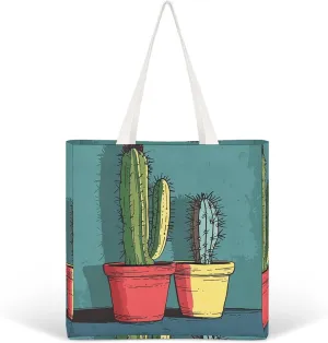 Canvas Tote Bag Lightweight Reusable Tote Handbag Cactus in Jar Shoulder Bag Grocery Shopping Bag