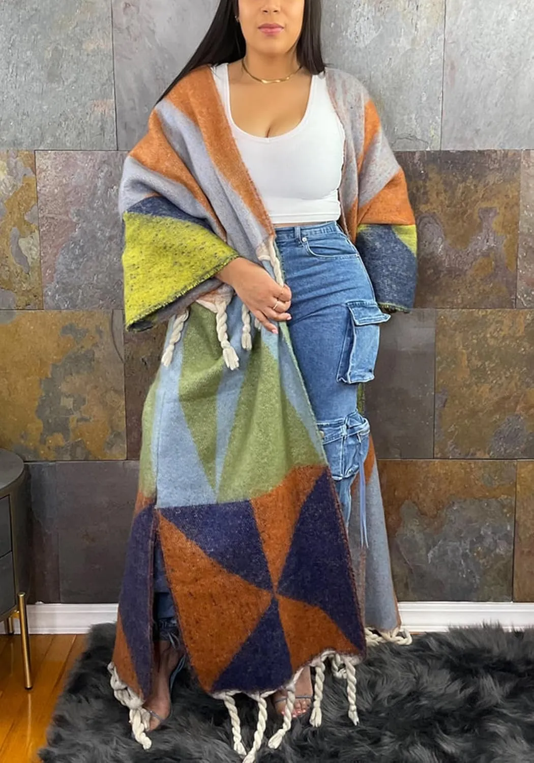 Cardigan Sweater for Women Color Block Chunky Cable Knit Coat Fall Long Cardigans Outerwear