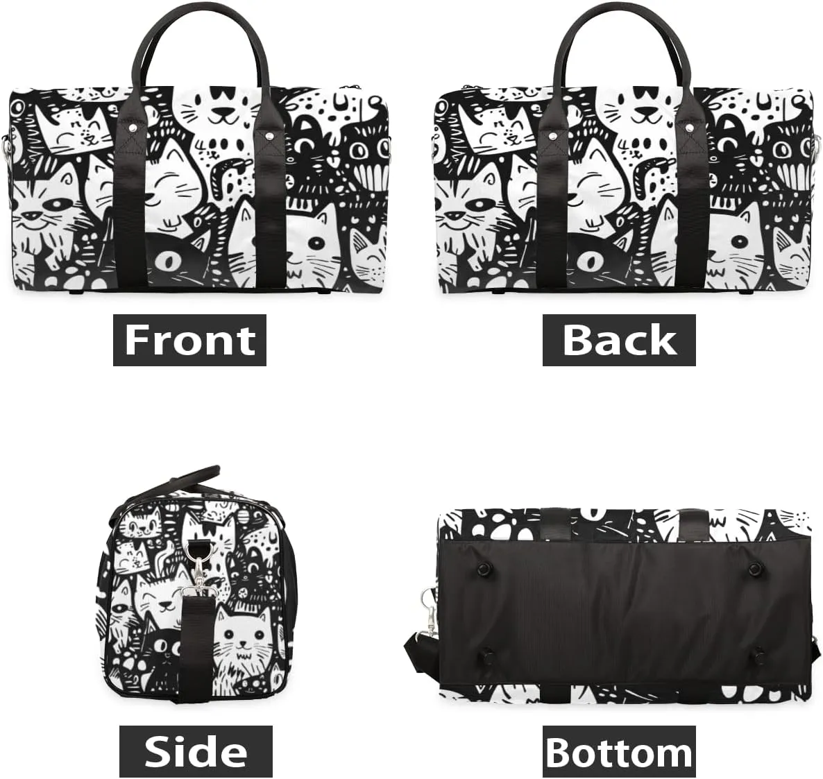 Cartoon Cats Travel Duffle Bag for Women Men Gym Duffel Foldable Bag Waterproof Weekender Black Design Duffle Tote