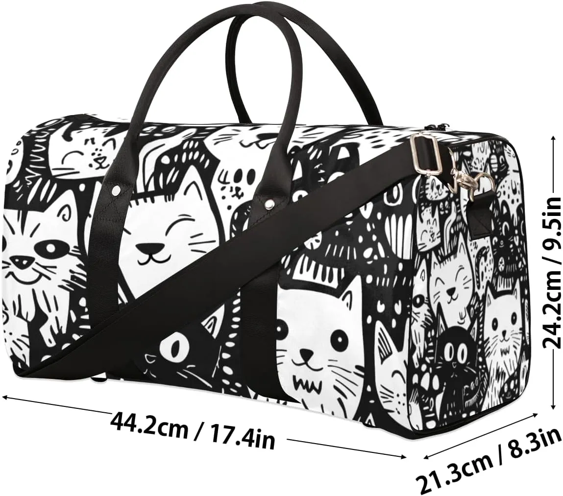 Cartoon Cats Travel Duffle Bag for Women Men Gym Duffel Foldable Bag Waterproof Weekender Black Design Duffle Tote