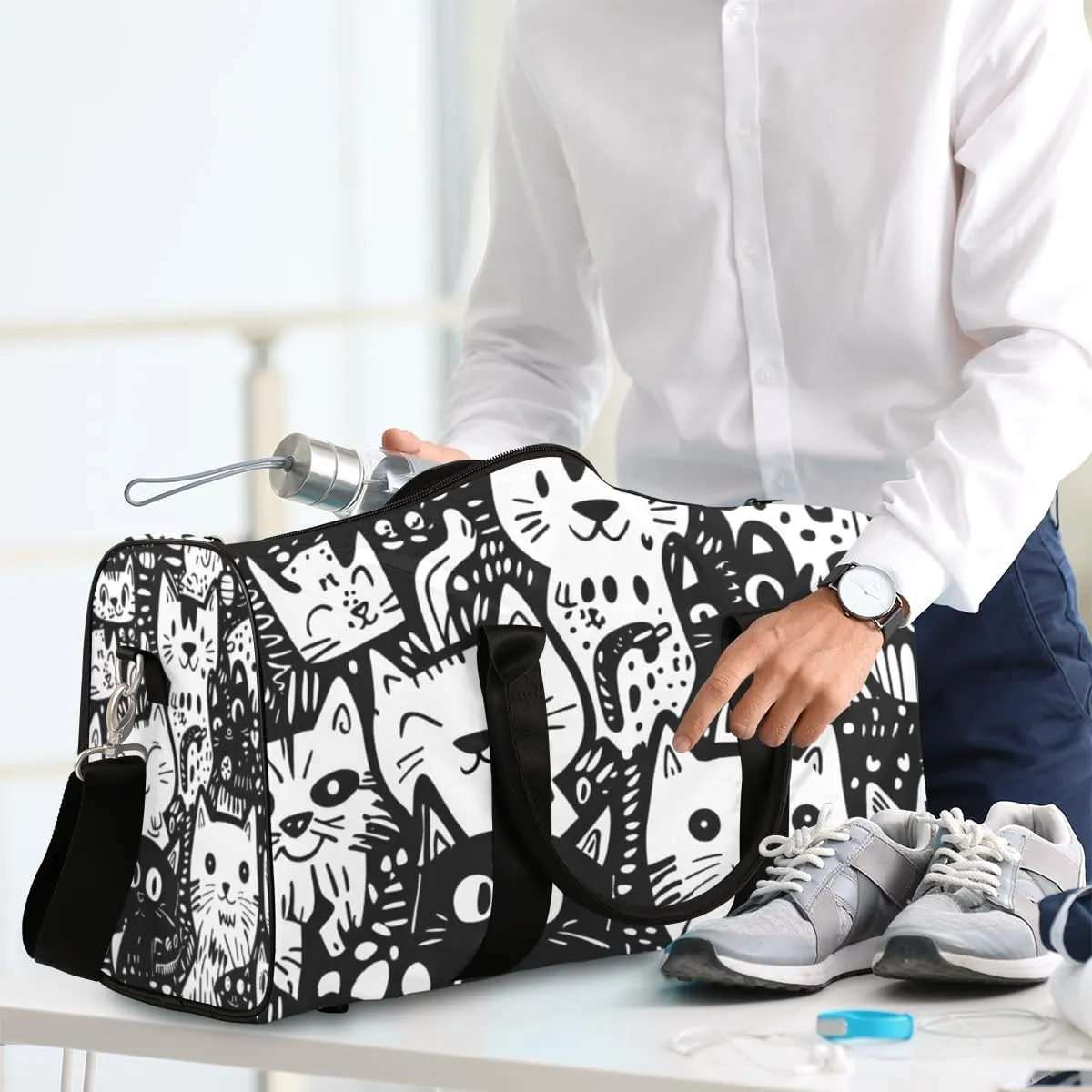 Cartoon Cats Travel Duffle Bag for Women Men Gym Duffel Foldable Bag Waterproof Weekender Black Design Duffle Tote