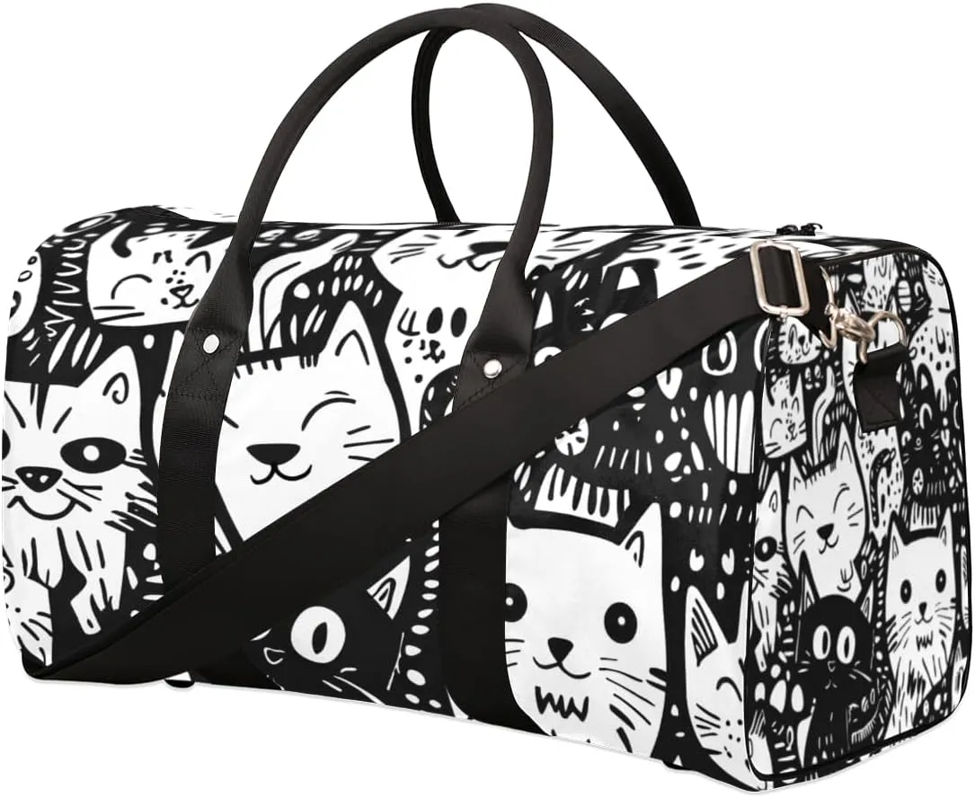 Cartoon Cats Travel Duffle Bag for Women Men Gym Duffel Foldable Bag Waterproof Weekender Black Design Duffle Tote