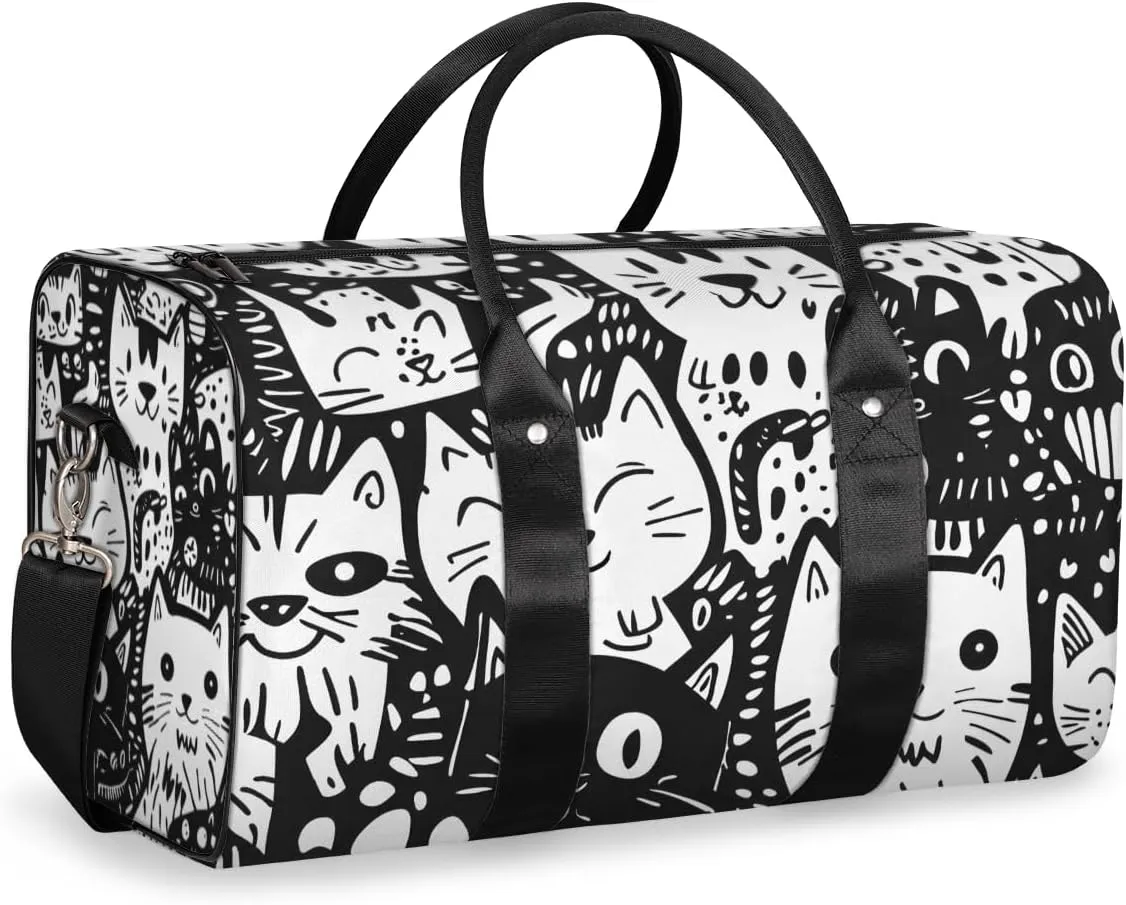 Cartoon Cats Travel Duffle Bag for Women Men Gym Duffel Foldable Bag Waterproof Weekender Black Design Duffle Tote