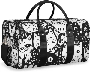 Cartoon Cats Travel Duffle Bag for Women Men Gym Duffel Foldable Bag Waterproof Weekender Black Design Duffle Tote