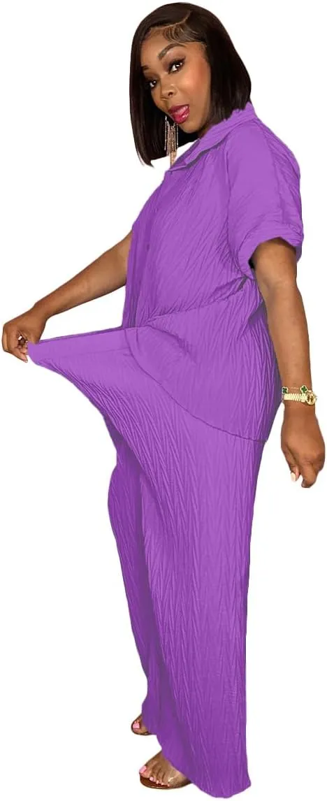 Casual Two Piece Set for Women - Button Down Shirt and Wide Leg Pants Matching Set Tracksuits