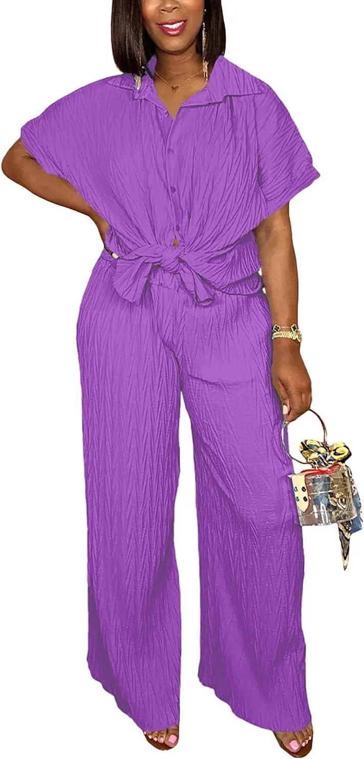 Casual Two Piece Set for Women - Button Down Shirt and Wide Leg Pants Matching Set Tracksuits