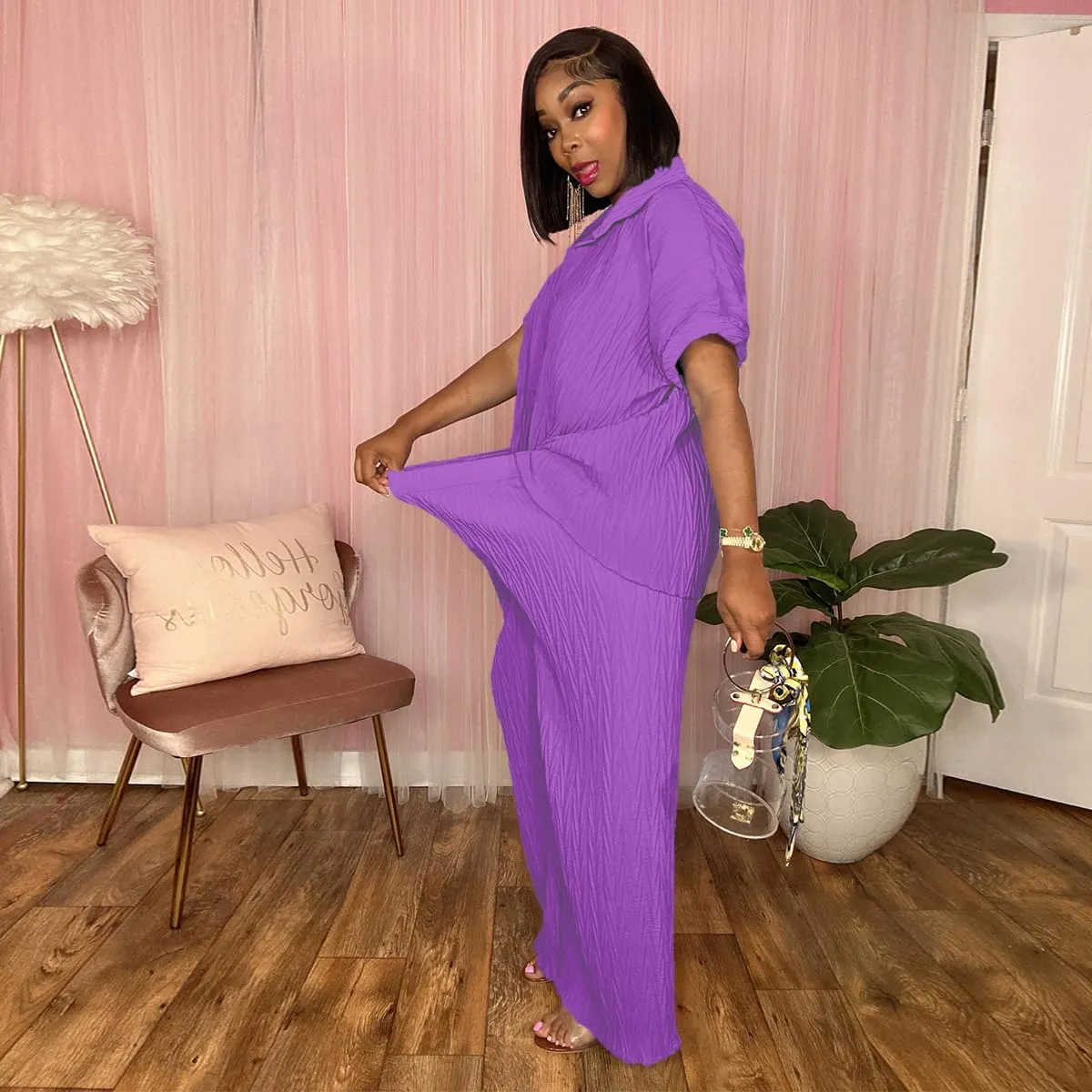 Casual Two Piece Set for Women - Button Down Shirt and Wide Leg Pants Matching Set Tracksuits