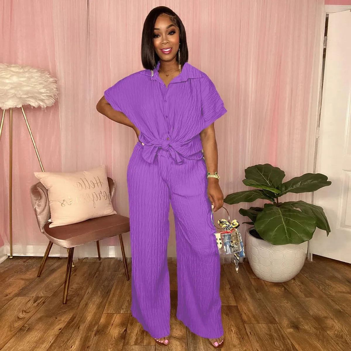 Casual Two Piece Set for Women - Button Down Shirt and Wide Leg Pants Matching Set Tracksuits