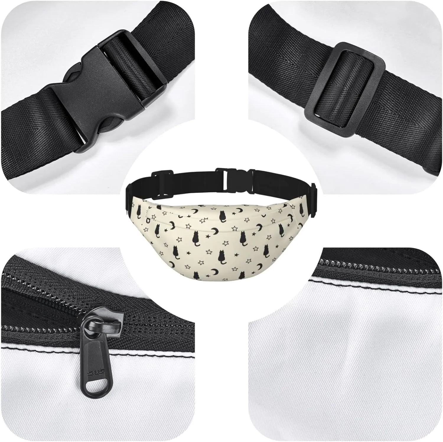 Cat Moon Star Large Crossbody Fanny Pack Belt Bag With 3 Zipper Pockets, Gifts For Sports Festival Workout Traveling Running Casual Hands Free Waist Pack Wallets Phone Bag