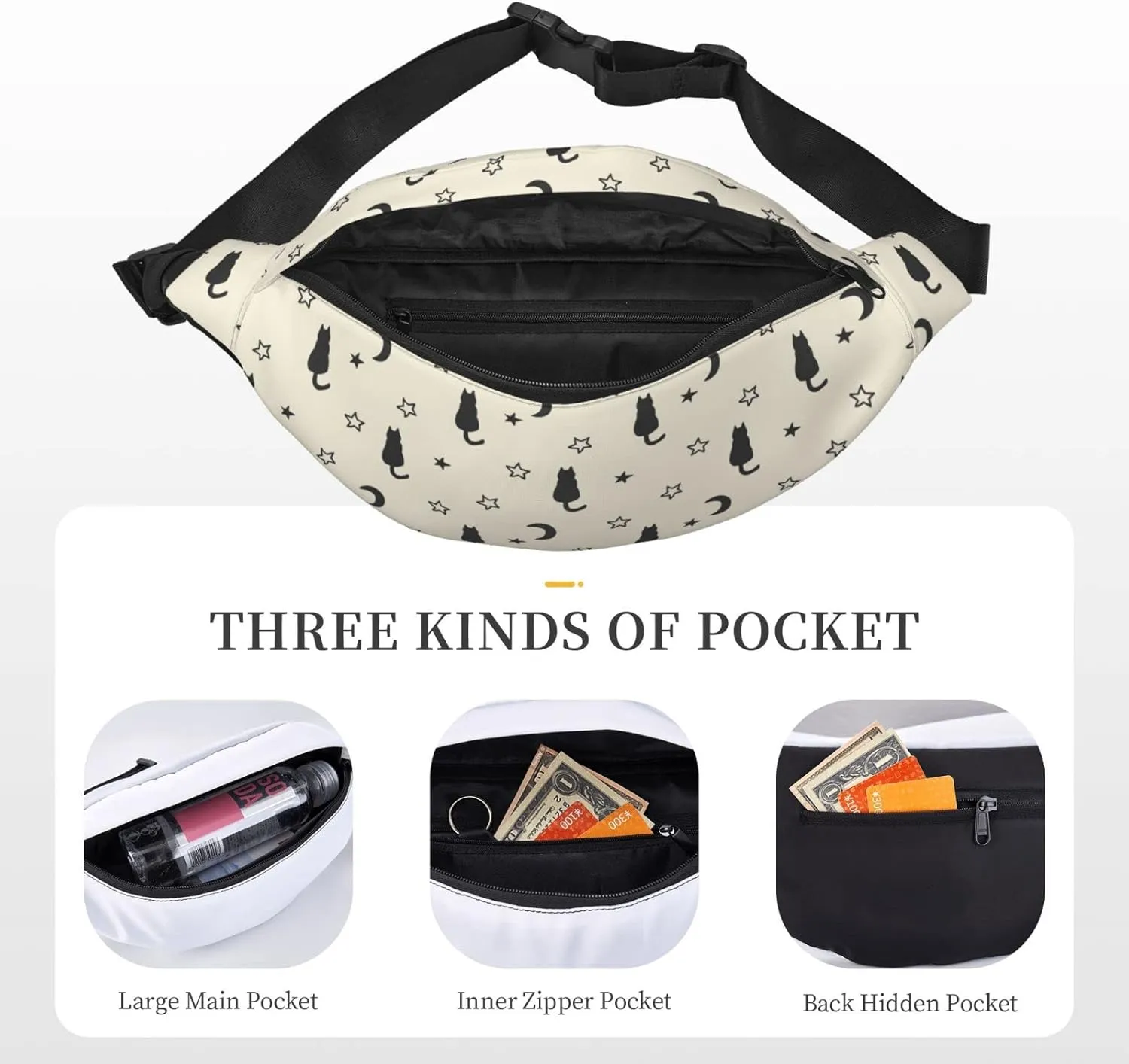 Cat Moon Star Large Crossbody Fanny Pack Belt Bag With 3 Zipper Pockets, Gifts For Sports Festival Workout Traveling Running Casual Hands Free Waist Pack Wallets Phone Bag